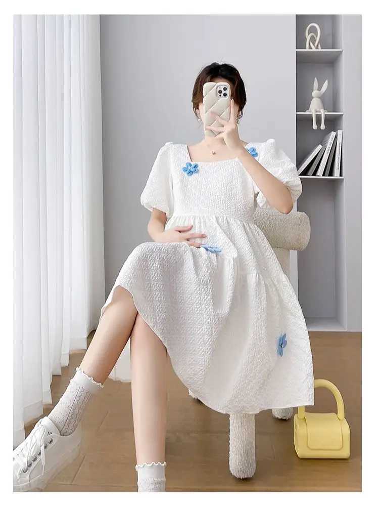 Korean Sle Materni Ball Gown Dress Sweet Puff Sleeve Square Collar Pregnant Womens A-Line Dress Pregnancy Par Dress CuteXJ241213