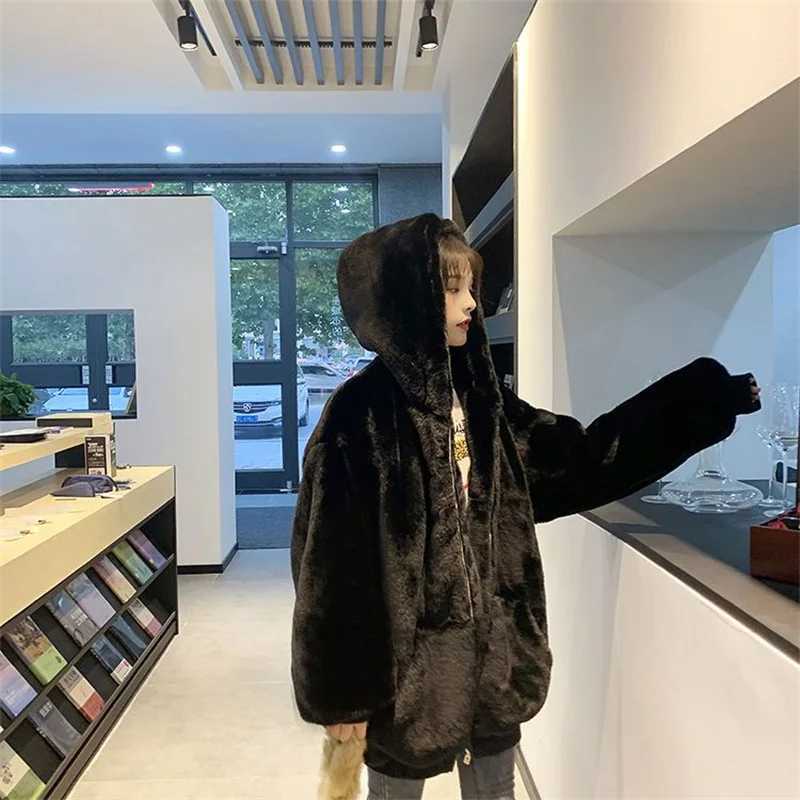 Gold plated thick fur coat for womens autumn and winter cashmere imitation mink Rex rabbit fur coat for womens thick hooded coat X241214