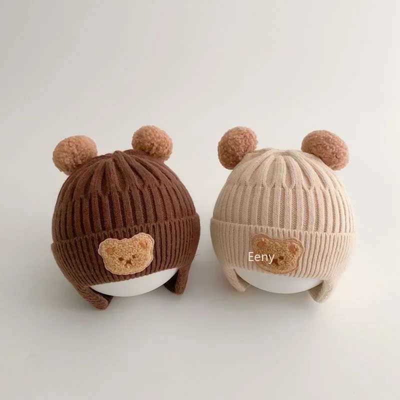 Winter Baby Bunny Hat Bear Ear Protective Knitted Hat Cute Korean Warm Childrens Hook Knitted Hat Gorros for Preschool Boys and Girls W241213
