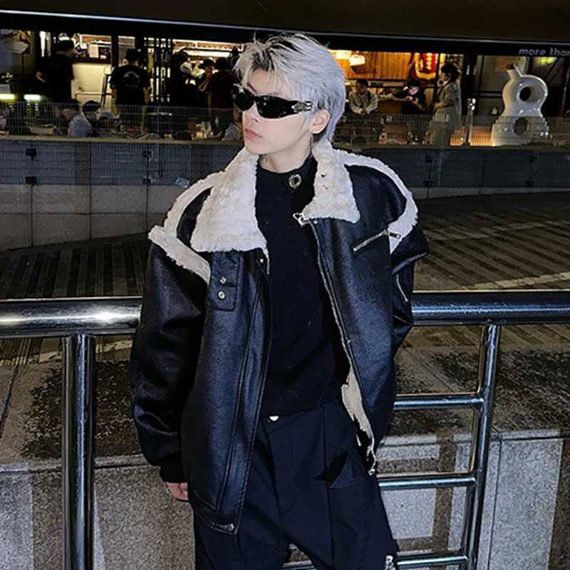 IEFB High Street Mens Jacket PU Leather Cashmere Patch Work Collar Thick Loose Street Clothing Mens Coat New 9C8333 W241213
