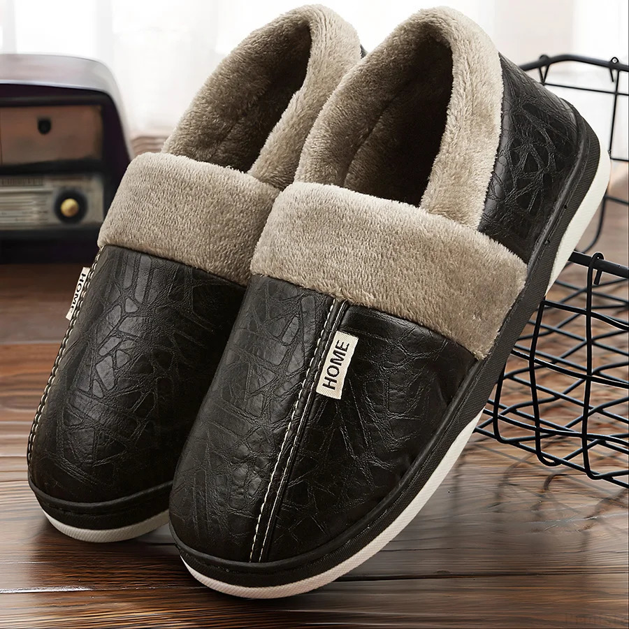 Mens Home Slippers Leather Memory Foam Furry IndoorOutdoor Shoes Couple Winter Warm Soft Nonslip y 241214