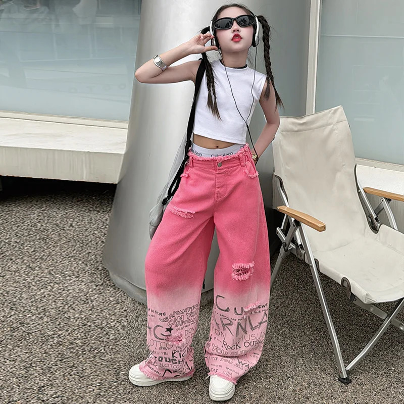 junior girls pink gradient color hole wide leg jeans cotton teenager kids Mop pants pant children trousers adolecentes 4 12 14 241213