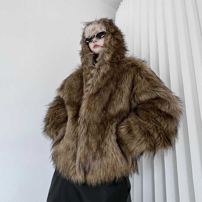 2024 Mens Winter Clothing Retro Imitation Mink Mens Hooded Faux Fur Loose Short Plush Jacket Long Sleeve Trendy Cotton Coats W241213