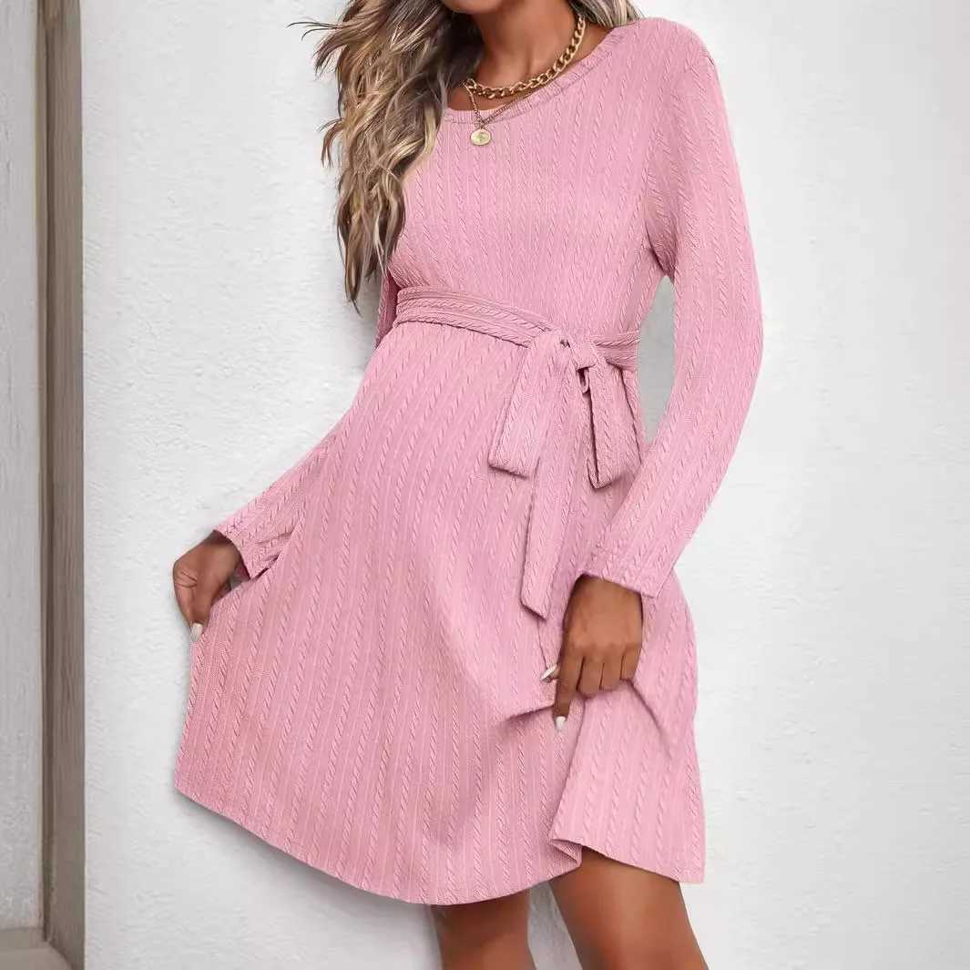 American Sle Fashion Materni Dress Ties Waist Autumn Winter Long Sleeve A Line Clothes for Pregnant Women Youth PregnancyXJ241213