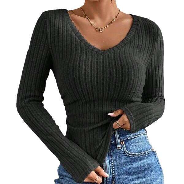 2023 European and American Autumn Fashion Versatile Solid Color V-neck Side Folded Long Sleeve Pit Strip Matte T-shirt for Women