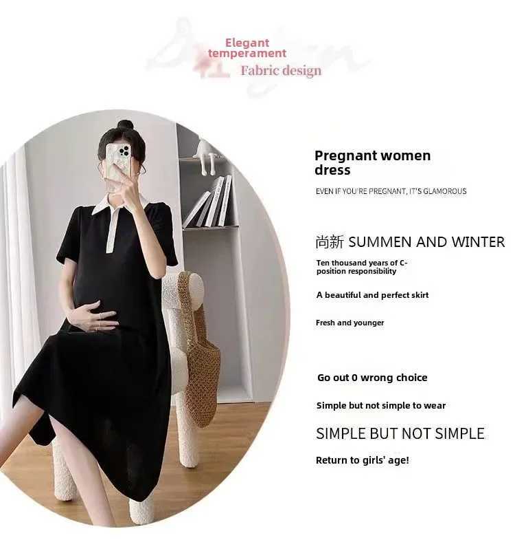 Materni Dress Short Sleeves Polo Summer Lapel Loose-fit Korean Sle Pregnant Womens Clothes ClothingXJ241213