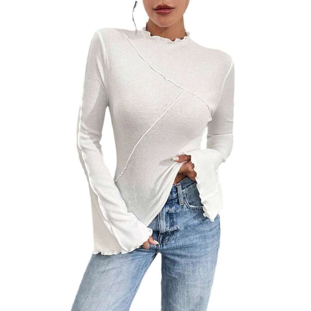 2024 Autumn Lotus Leaf Collar Bottom Shirt Hot Selg European and American Fashion Slanted Horn Sleeve Slim Fit Interior