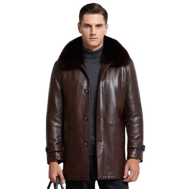 Winter middle-aged and elderly mens detachable fur collar casual leather jacket W241213
