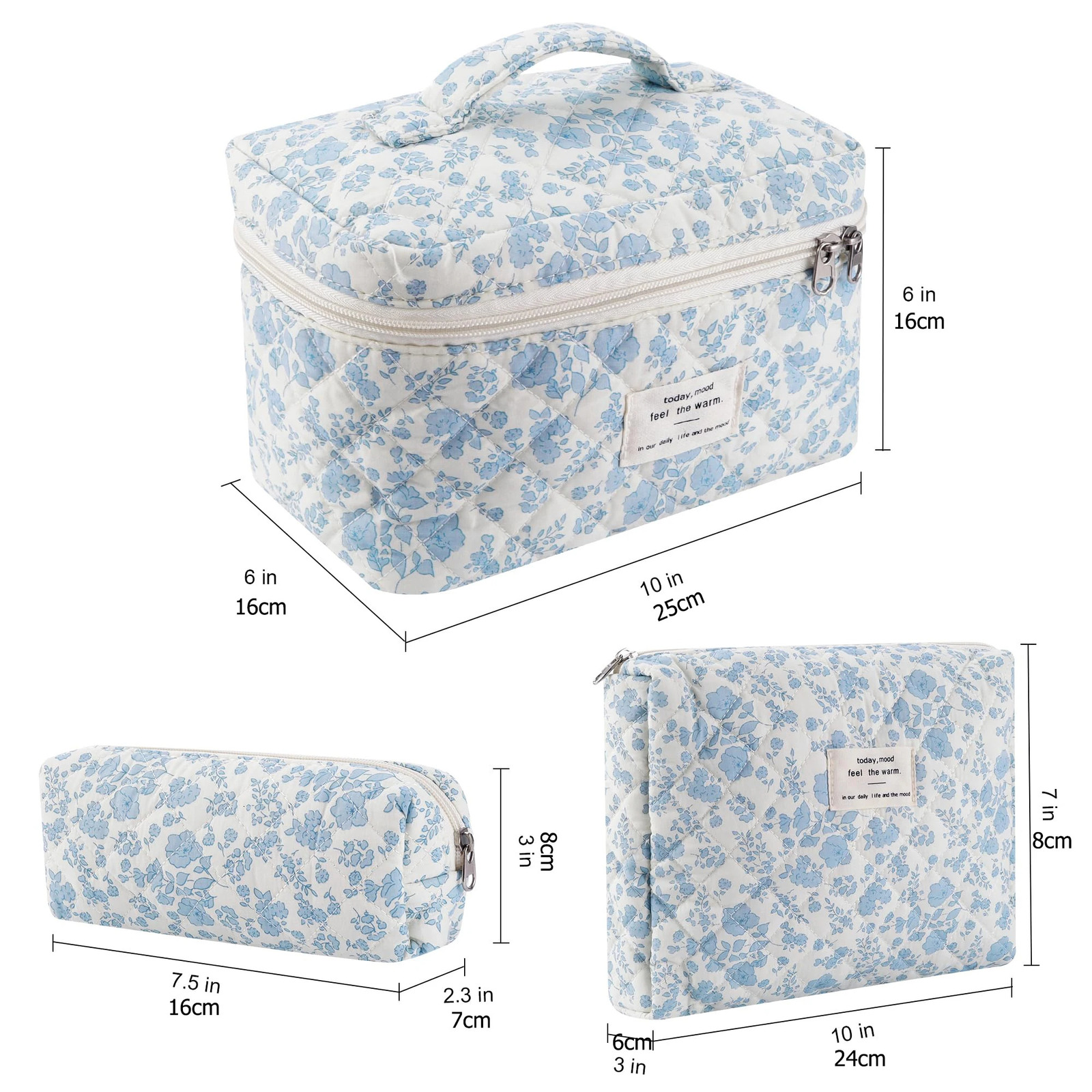 3-Piece Cotton Quilted Makeup Bag Set for Women Zipper Makeup Organizer Womens Bag Handbag Portable Womens Toilet Cover 241212