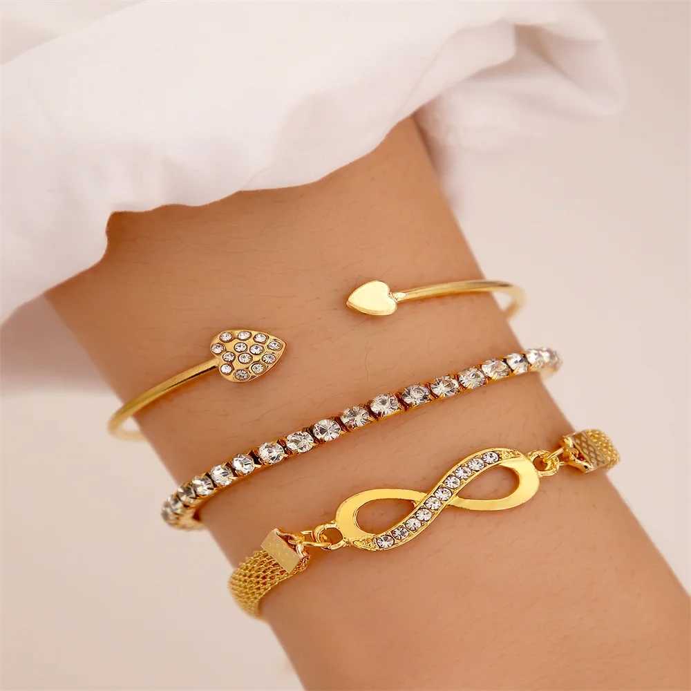 Vintage Infinity Heart Crystal Rhinestone Bracelet Set for Women Female Gold Color Metal Adjustable Bracelets Fashion JewelryXJ241214