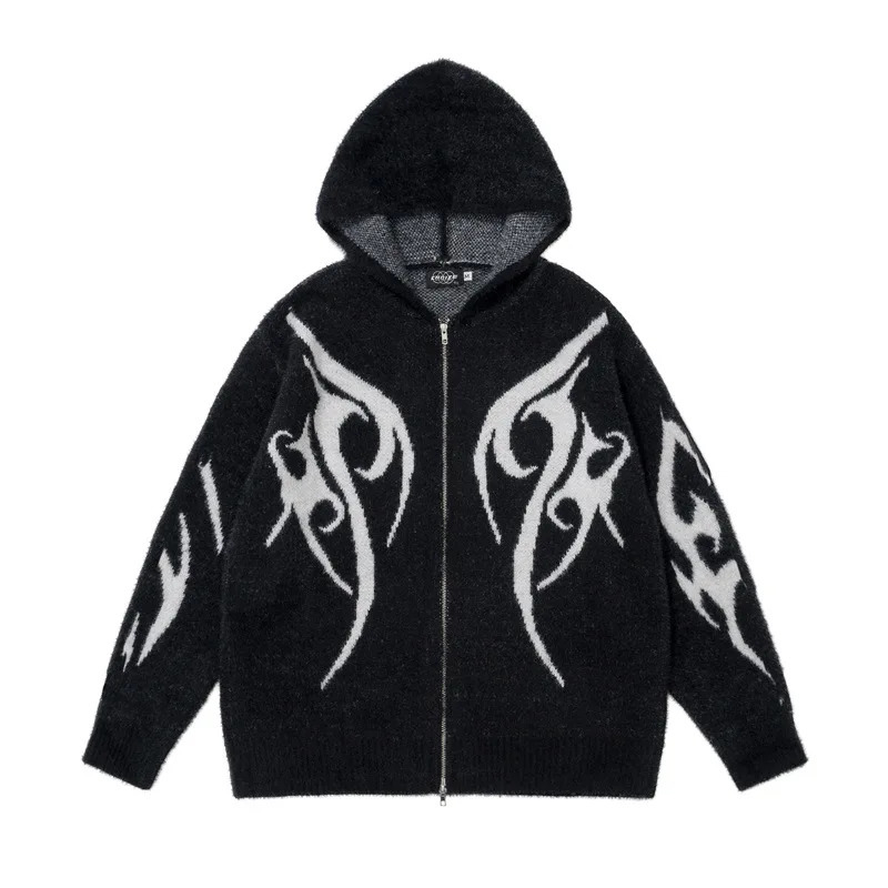 Mens Vintage Knitwear Y2K Graphic Sweaters Winter Zipper Oversized Cardigan Sweater Unisex Aesthetic 2000s Clothes For Teens 241209