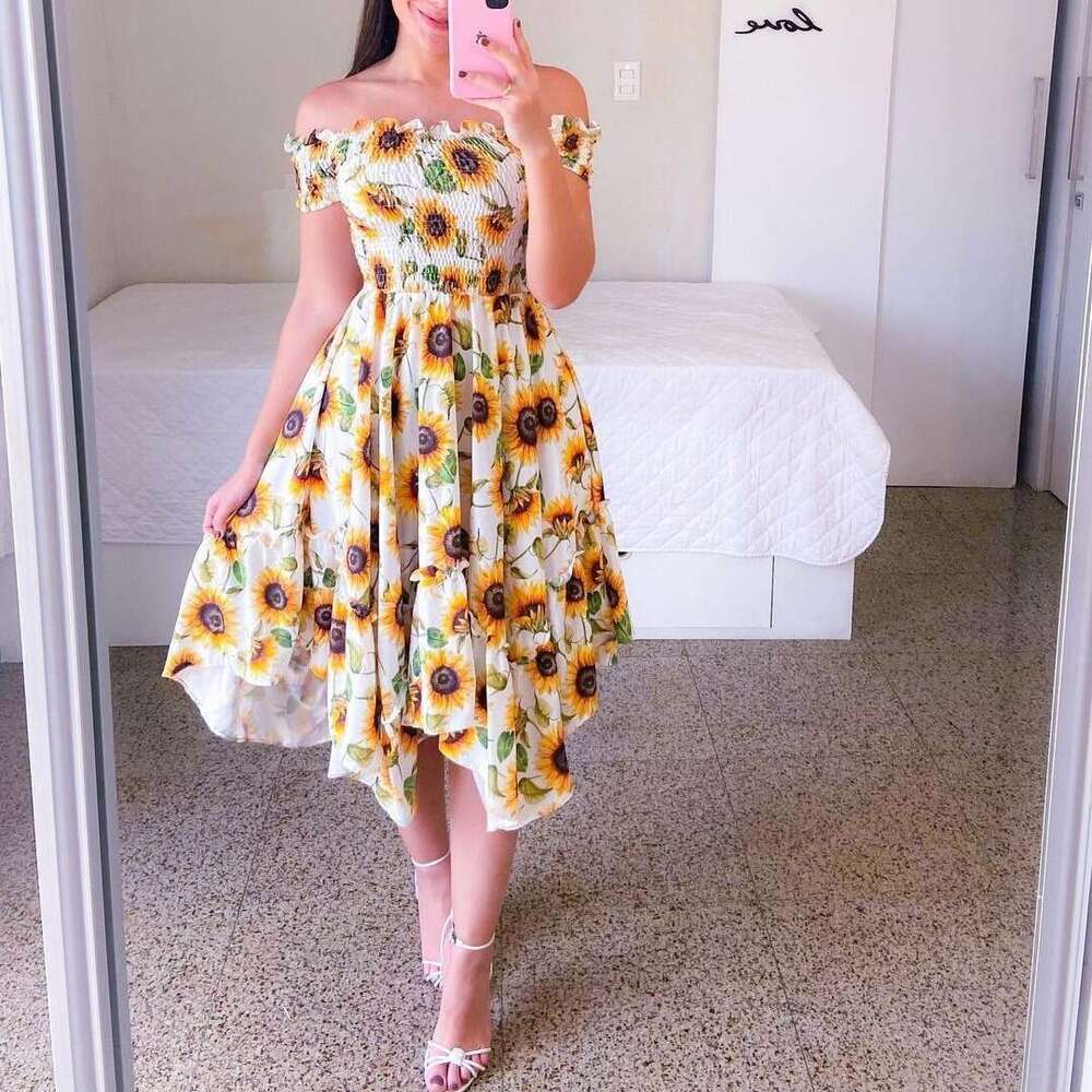 Cross Border One Collar Asymmetrical Off Shoulder Short Sleeved Digital Printed Dress From Europe And America