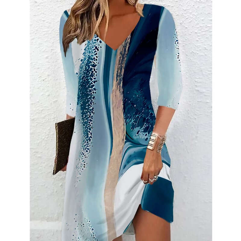 Autumn Printed Mid Sleeve V-neck Medium Length Dress for Women 2024 Versatile New Trendy Clothing Ins