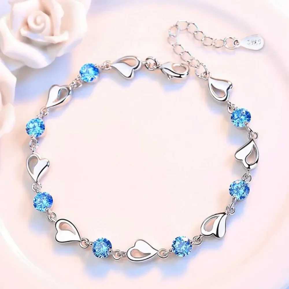925 Sterling Silver Bracelet For Women Retro Korean Heart Shed Charm Bracelets Original Bling Blue Crystal Jewelry Party GiftsXJ241214