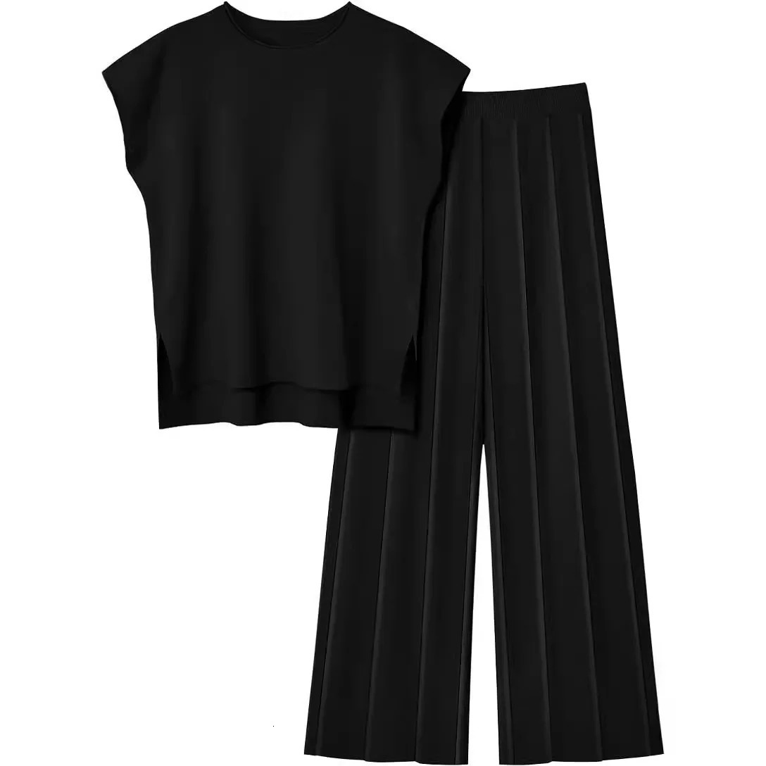 European And American Style Knitted Fashion Summer Casual Suit Elegant Sleeveless Vest Sweater Wideleg Pants Twopiece Set 241203