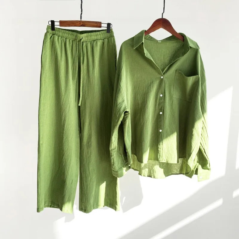 Loose Solid Color Cardigan Shirt Wide Leg Pants 2piece Set Of Retro Cotton Linen High Waist Long Outfit 241203