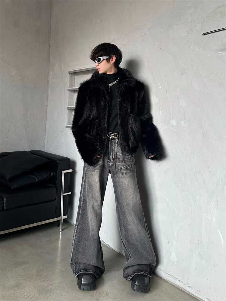 Fashionable mink short jacket loose high-end retro faux fur mens 2024 autumn new item vertical collar black long sleeved fashionable jacket top W24121