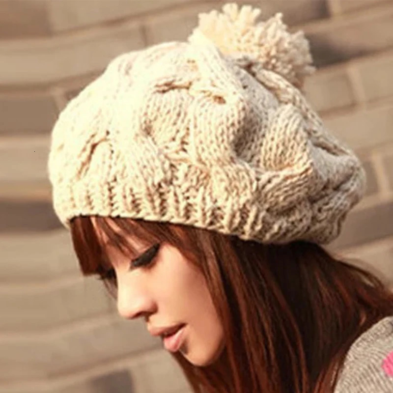 Lady Girl Twisted Hemp Flower Beret Vintage Artist for Women Warm Pompom Knitted Beanie Hat Outdoor Simple Ski Winter Cap 241214
