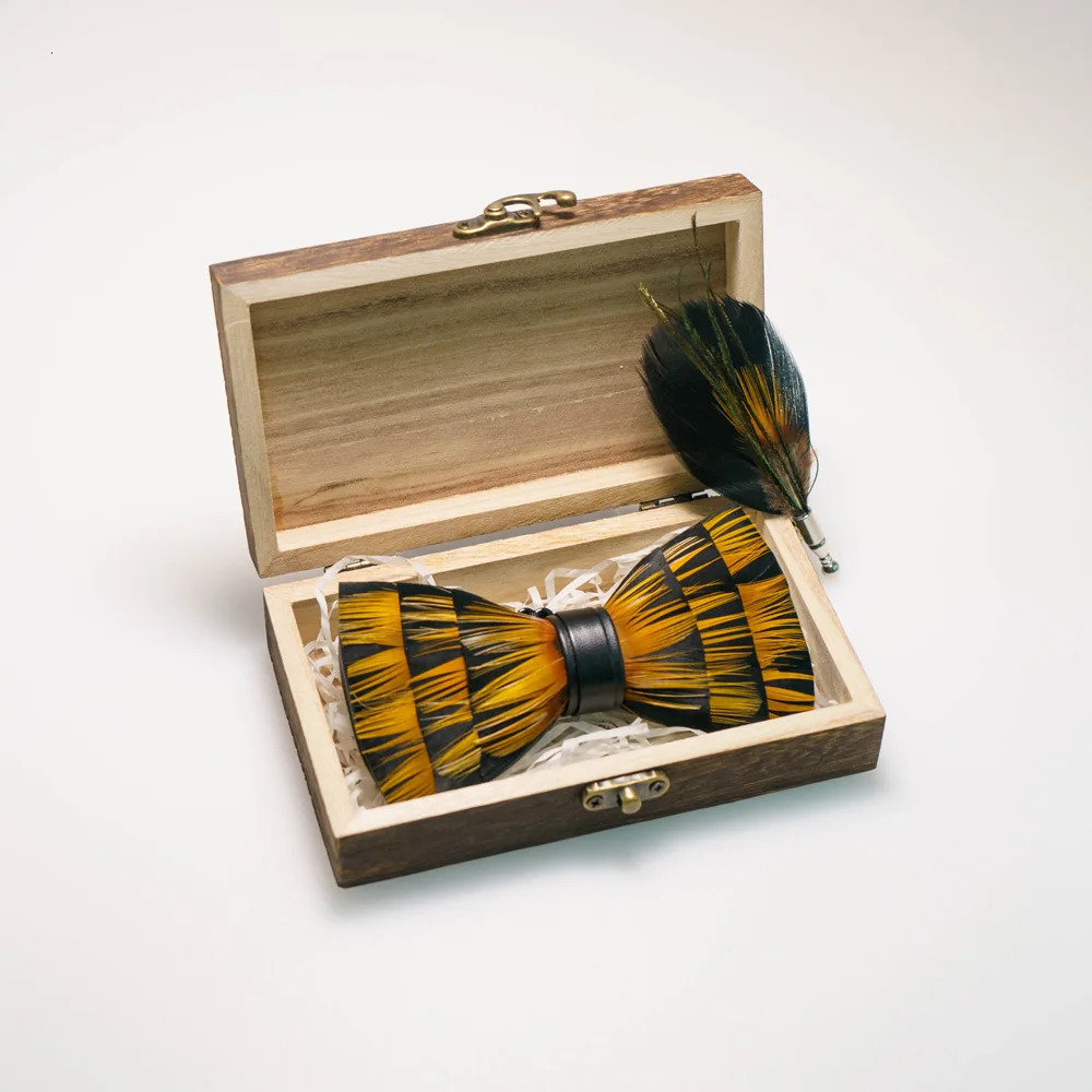 EASTEPIC Novelty Bow Ties for Men Colorful Brooch Wooden Box Mens Accessory Natural Feather Wedding Party Business Gift 241214