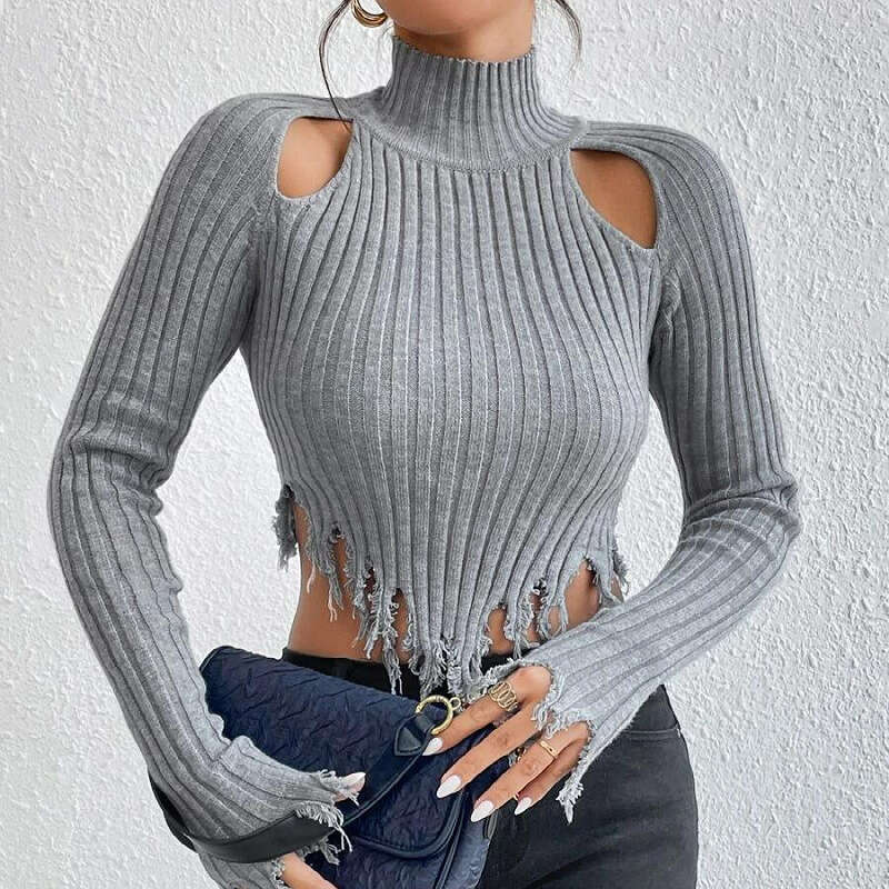 European and American women's high necked long sleeved distressed sexy hollow out short style with exposed navel design knitted sweater