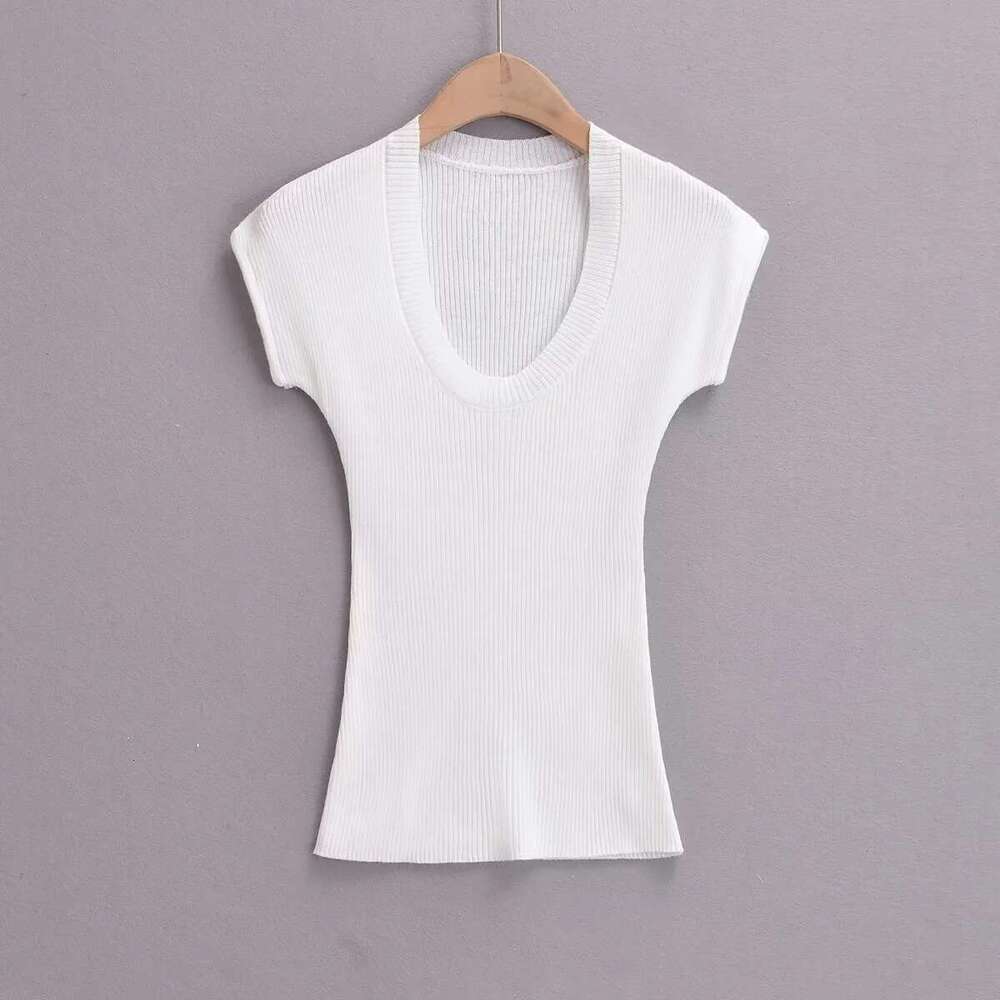 American INS summer U-neck solid color thin short sleeved top, women's stretch slim fit and slimming knit T-shirt, 2024 new casual fashion trend 
