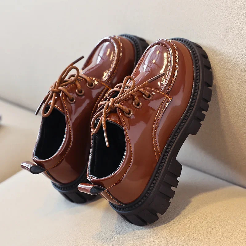 Children Leather Shoes for Boys Girls Thick Sole Lace-up Kids School Leather Shoes for Wedding Party Show British Style Black 241213