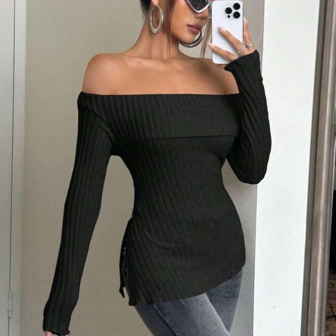 Hot selg European American 2023 autumn and winter new item solid color long sleeved one collar hem slit top for women