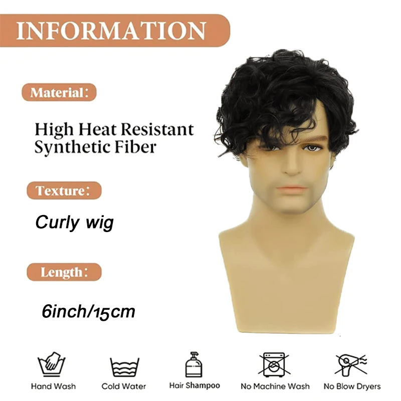 Short black synthetic wigs with bangs for menfluffy curly hair daily heat resistant breathable male wig 241213