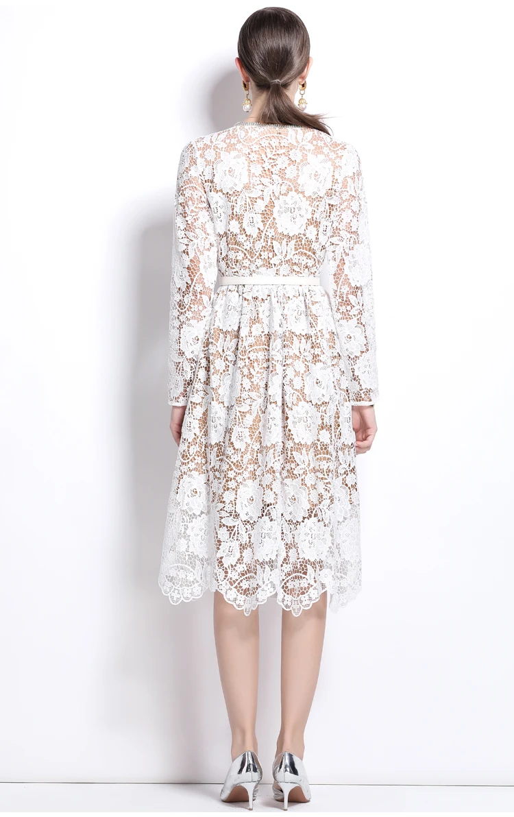 Casual Dresses Quality Autumn Long Sleeve Midi White Lace Evening Dress Women Summer Autumn Beaded Diamonds Chain Bow Belt Prom Wedding Dresses 2025