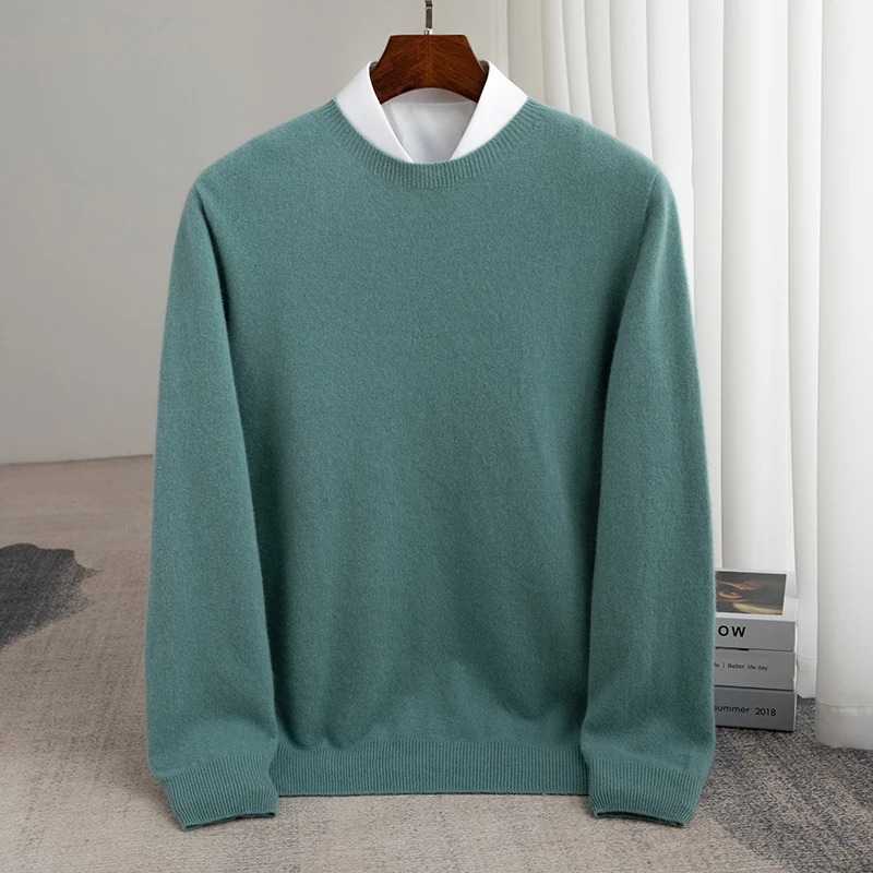 Autumn And Winter 100% Pure Wool Mens Thick Round Neck SlimFit Oneck Pullover LongSleeved Knitted Cashmere Sweater 241213