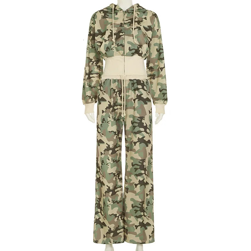 Camouflage print loose casual 2-piece set womens track and field uniform full set zipper hooded sports shirt top wide leg pants set 241214
