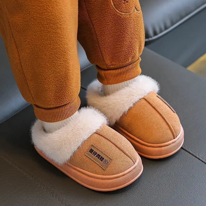 Solid Furry Children Slippers Winter PU Warm Plush Indoor Slippers For Kids Soft Bottom Boys Girls Floor Shoes 241213