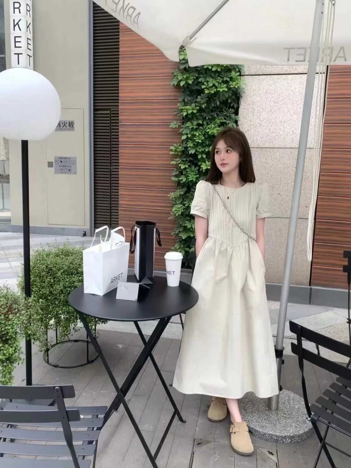 Korean Sle Materni Backless Dress Plus Size Short Sleeve Pleated High Waist Pregnant Woman Dress with Pockets Loose DesignXJ241213