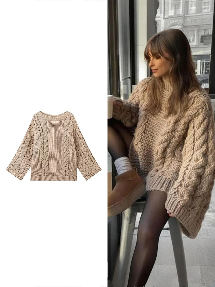 TRAF Womens Fashion Oversized Solid Color Knitted Sweater Casual Slow Pull Flower Autumn and Winter Loose Long Sleeve Top 241211