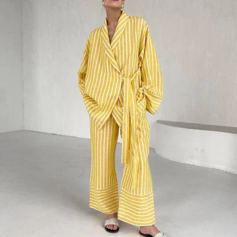 Autumn Casual Stripe Suits Elegant High Waist Wide Pants Set Fashion Lapel Long Sleeve Shirts Two Piece Set Women Outfit 241214