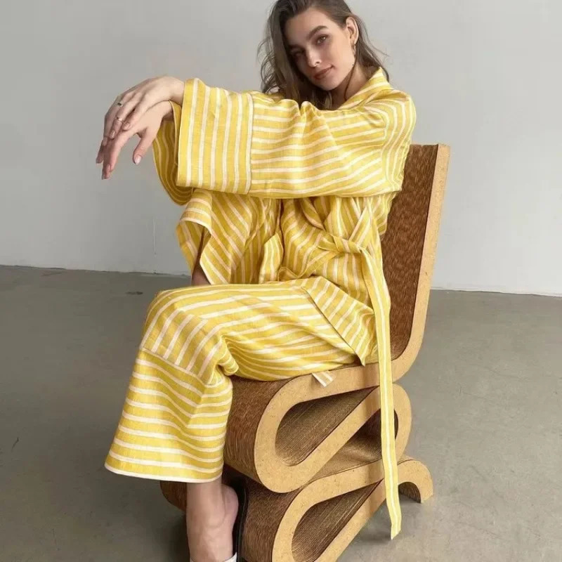 Autumn Casual Stripe Suits Elegant High Waist Wide Pants Set Fashion Lapel Long Sleeve Shirts Two Piece Set Women Outfit 241214