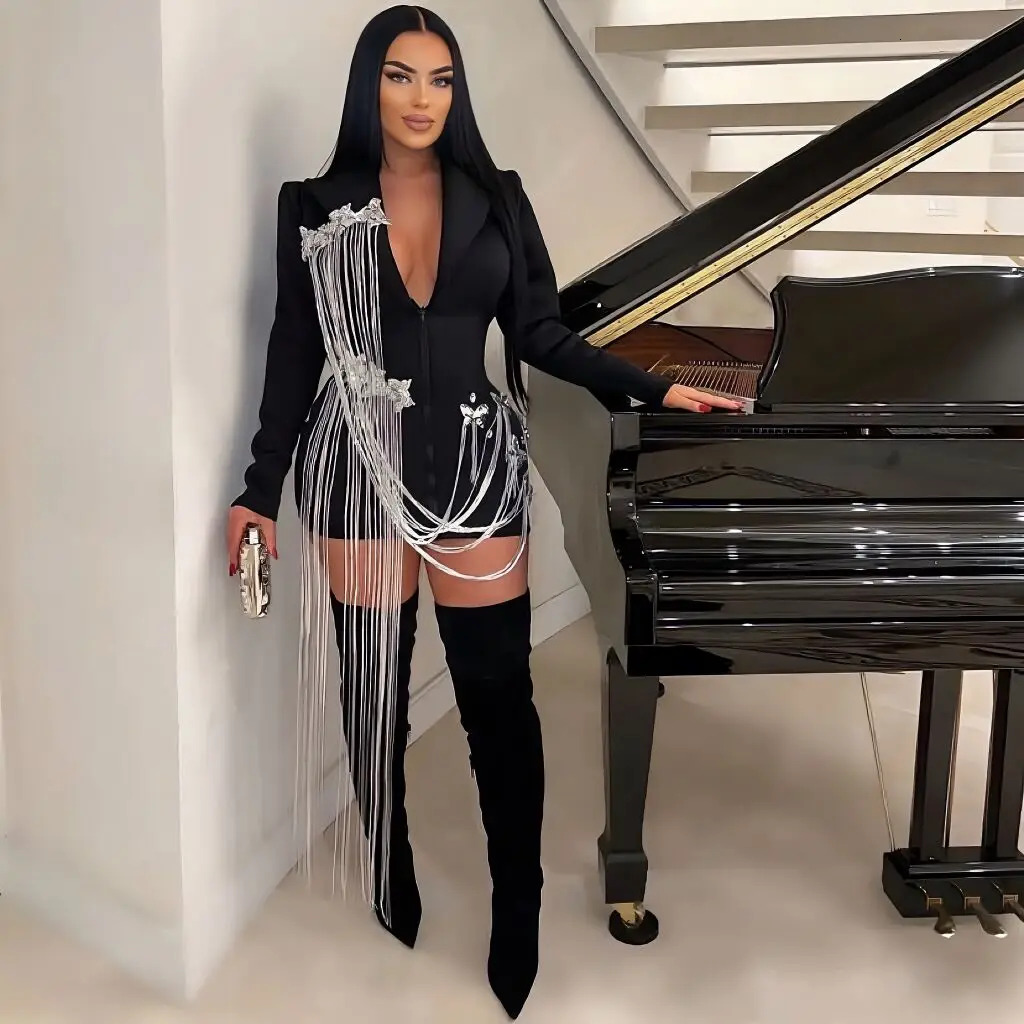 Collar Birthday Evening Party Nightclub Singer Flashing Tassels Chains Mini Dress Black Color Fashion Suit