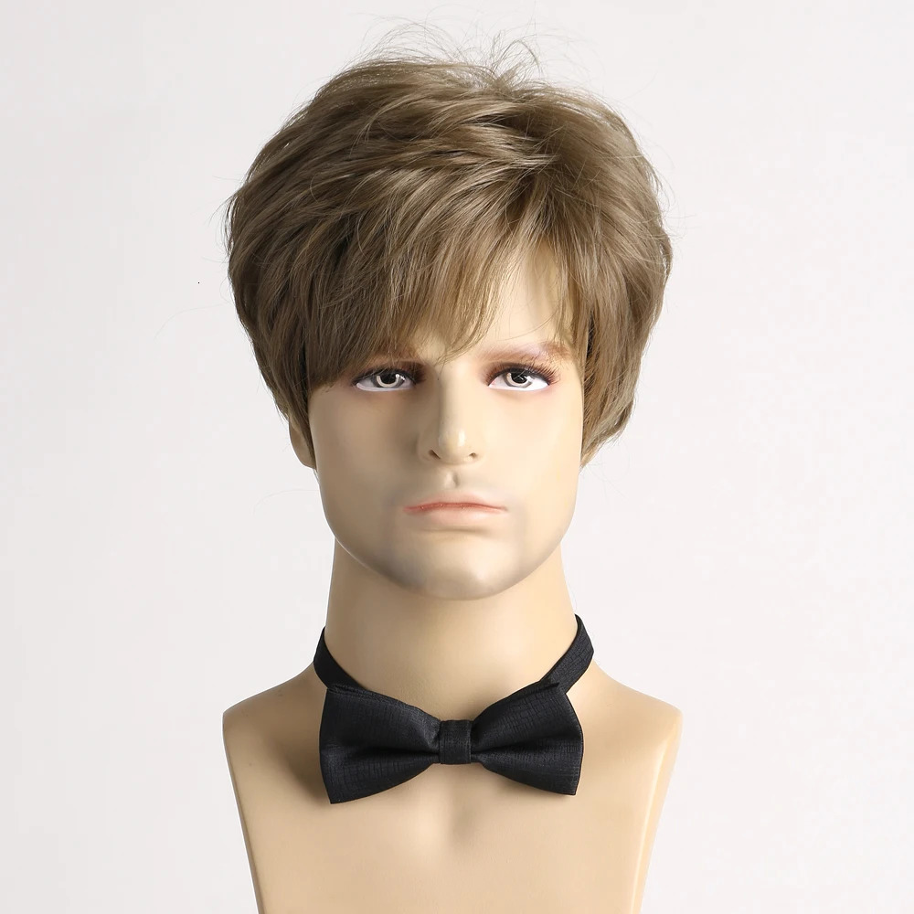 Synthetic Hair Short Curly Brown Wig for men Layered Heat Resistant Wigs With Bangs For Daily Use 241213