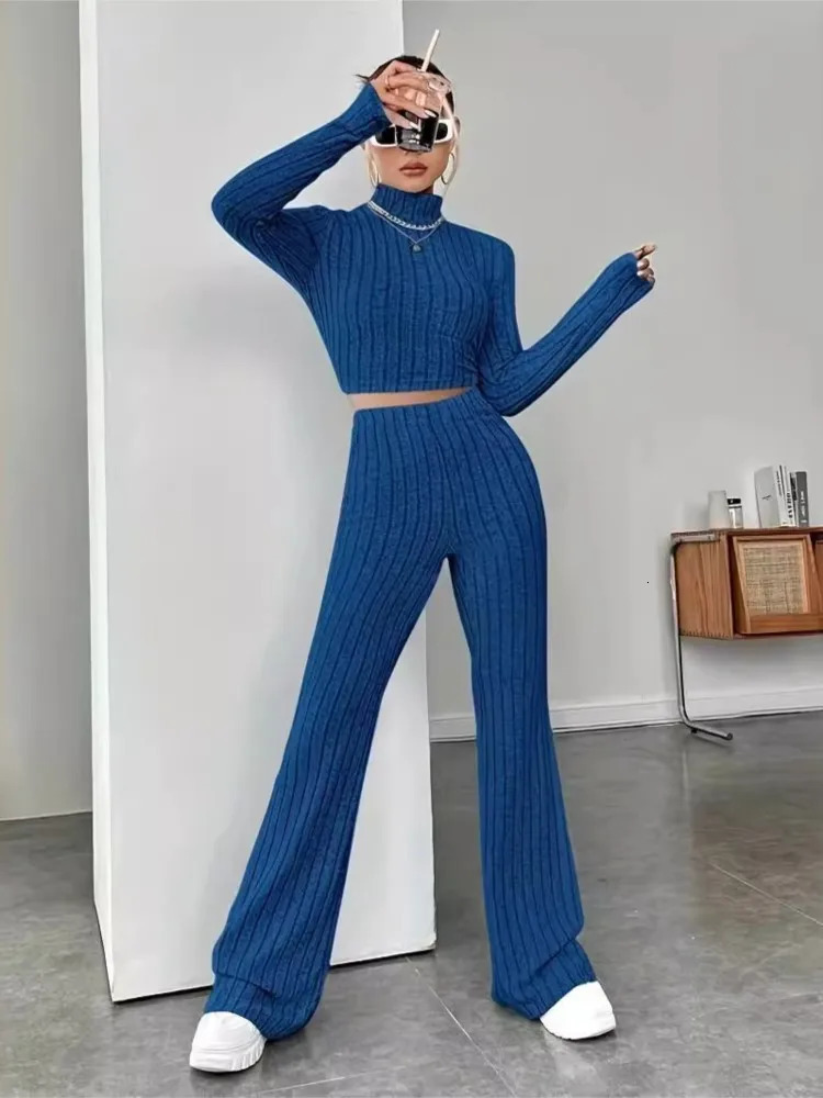 2024 Spring Womens Fashion Knitted Long Sleeve Waist Set Hoodie High Collar Loose Pants Two Piece 241203
