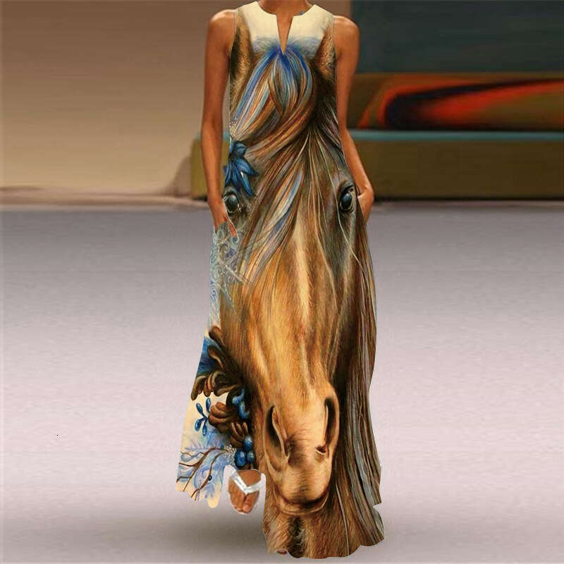 plug-in pocket European and American retro printed skirt V-neck multi-color long sexy sleeveless dress 2024 new casual versatile fashion clothing