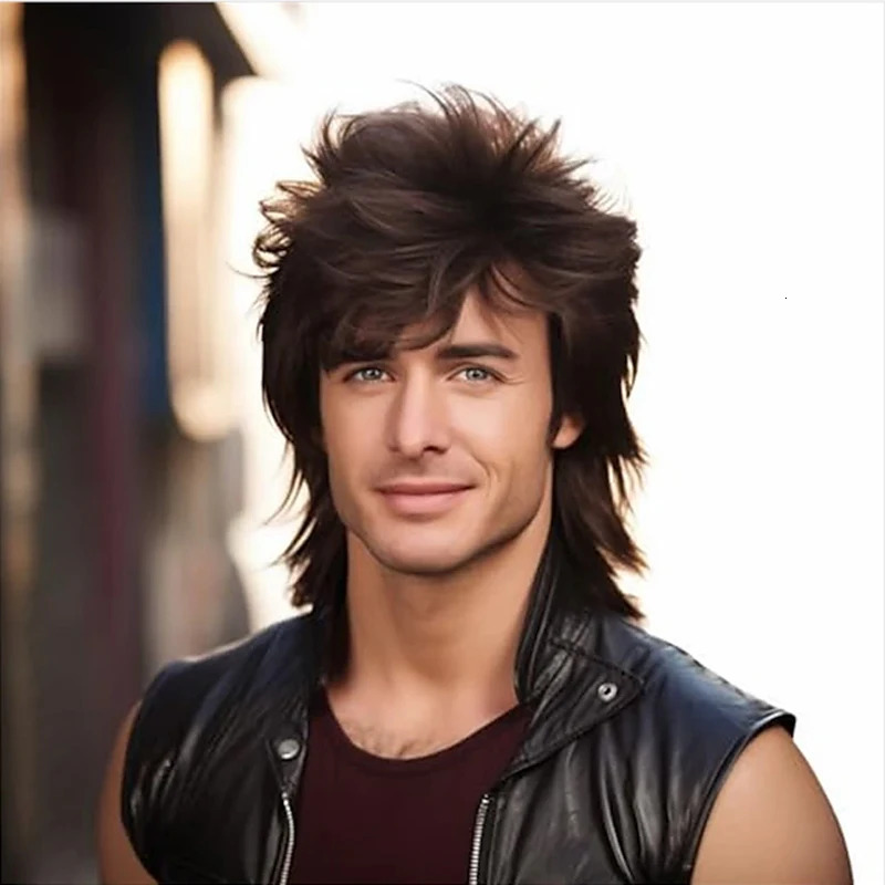 HAIRJOY Mullet Wig Adult Funny Wigs for Men Pop Rock Wig Joe Dirt Wig for 70s 80s Wig Brown Synthetic Wigs 241213