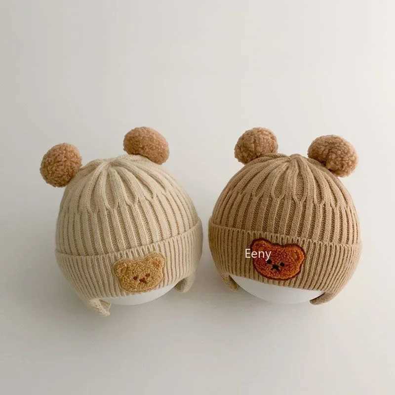 Winter Baby Bunny Hat Bear Ear Protective Knitted Hat Cute Korean Warm Childrens Hook Knitted Hat Gorros for Preschool Boys and Girls W241213