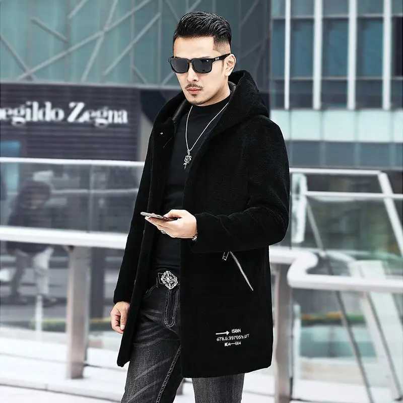 2023 Autumn Winter Mens New Authentic Sheepskin Coat Mens Fashion Ultra Thin Warm Jacket Mens Casual True Fur Hoodie W241213