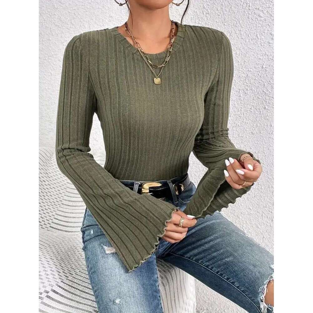 European and American new 2023 autumn short flared sleeve long sleeved round neck lapel simple t