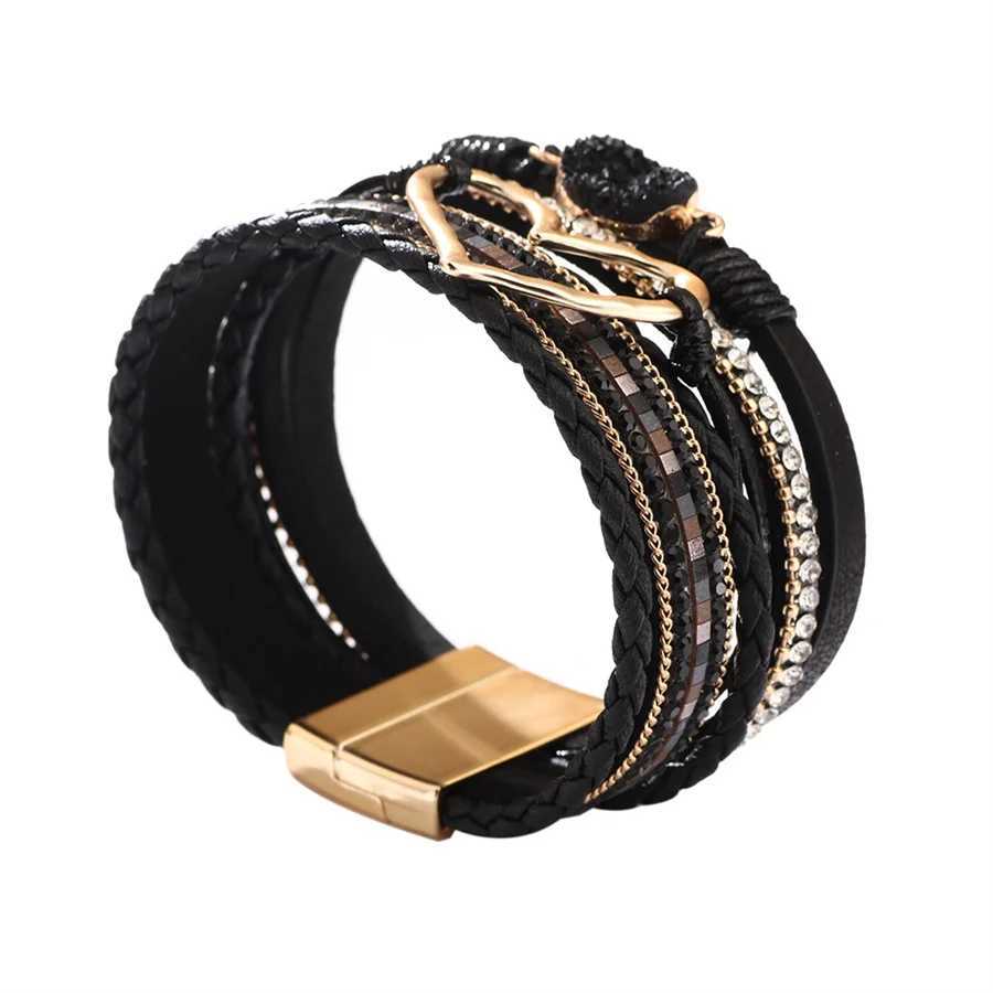 New Metal Heart Charm Leather Bracelets for Women Fashion Bohemian Rhinestone Resin Wr Bracelet Bangle Couple JewelryXJ241214