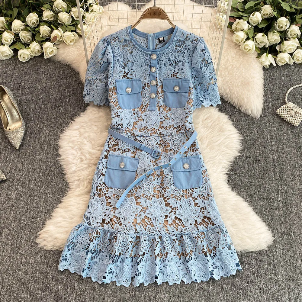 Casual Dresses Summer Quality Summer Embroidery Fishtail Short Evening Prom Dress Women Blue Beaded Button Ruffle Belt Mini Party Flower Dresses Brand
