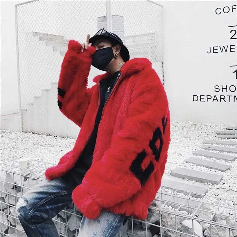 Winter coat new mens fur jacket imitates mink fur loose letter coat zipper pocket lapel thick cotton jacket top W241213