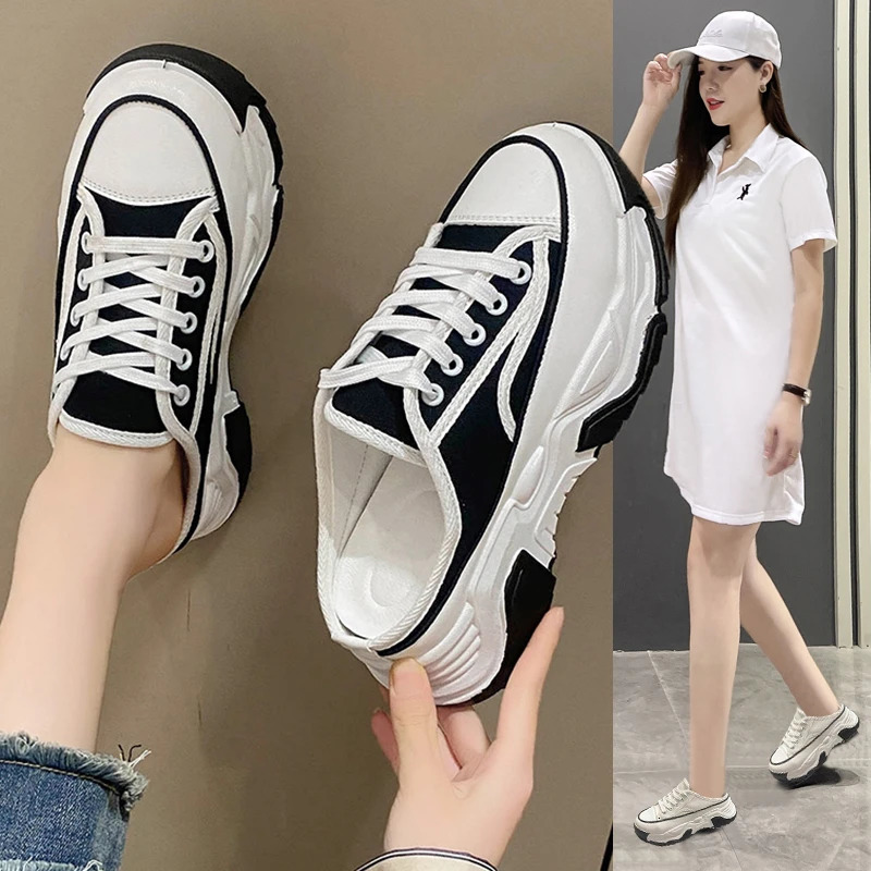 Ladies Slippers Summer Baotou Half Womans Versatile Casual Lace Up Canvas Sports Platform Shoes Outside 241214