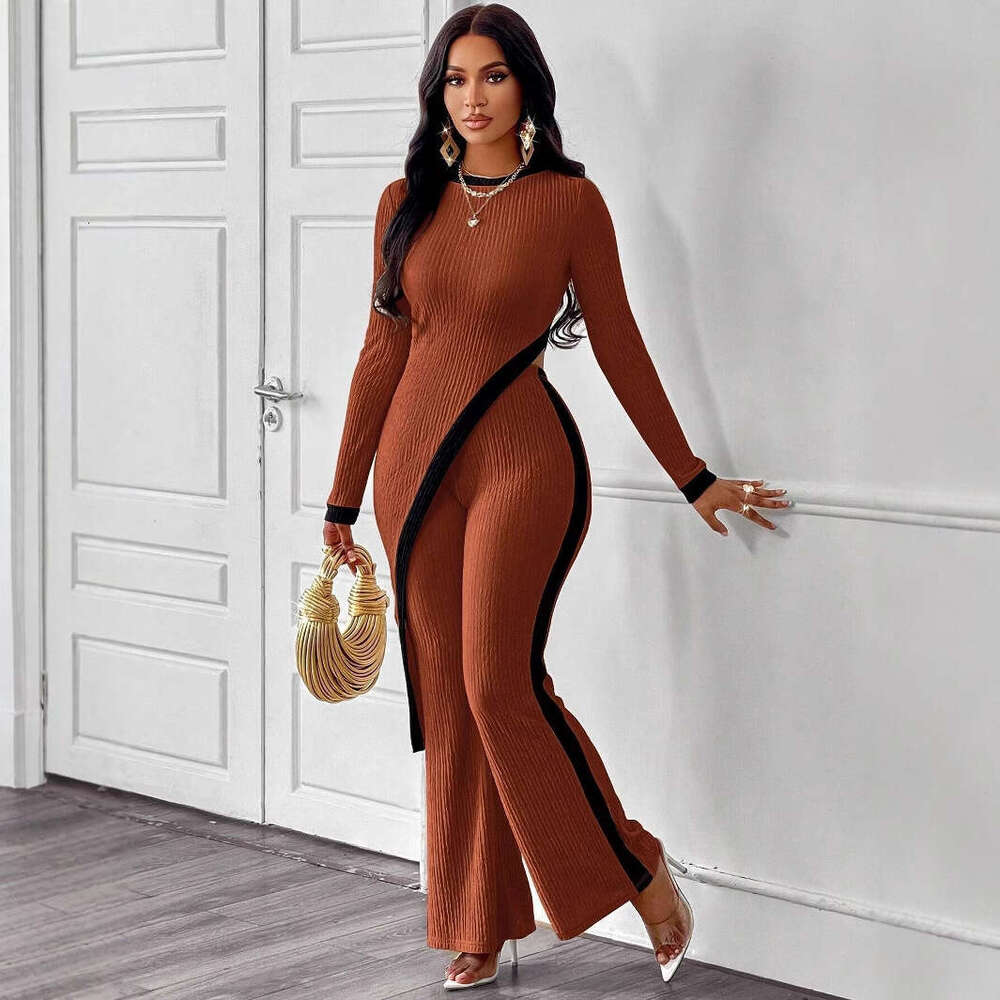 European and American 2024 autumn new women's fashion sleeved contrasting split T-shirt+spliced long pants for women