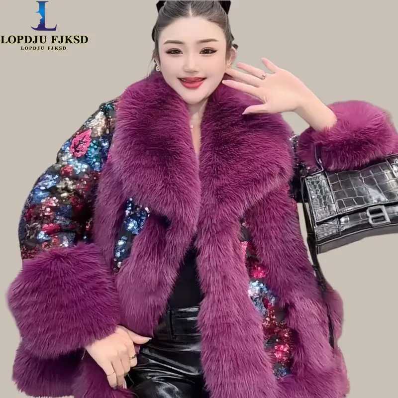 Womens faux fur coat fur collar jacket patchwork coat womens clothing luxury sequins new winter 2024 X241214